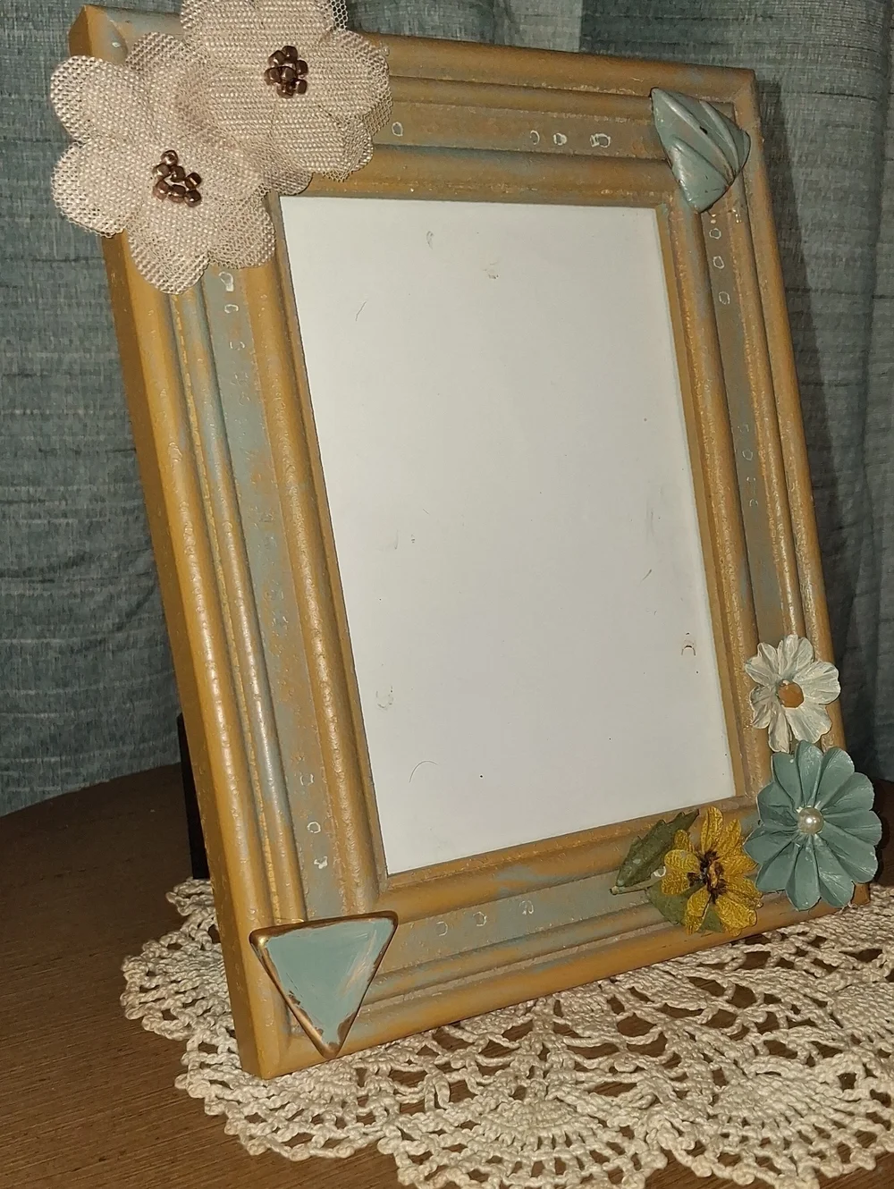 Decorative Gold Picture Frame with Blue and Cream Floral Accents
